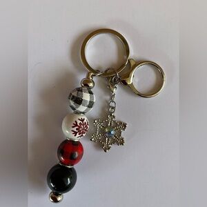 Hand Crafted Purse Bag Charm Key Chain Beaded Snowflake Charm Red Black Winter